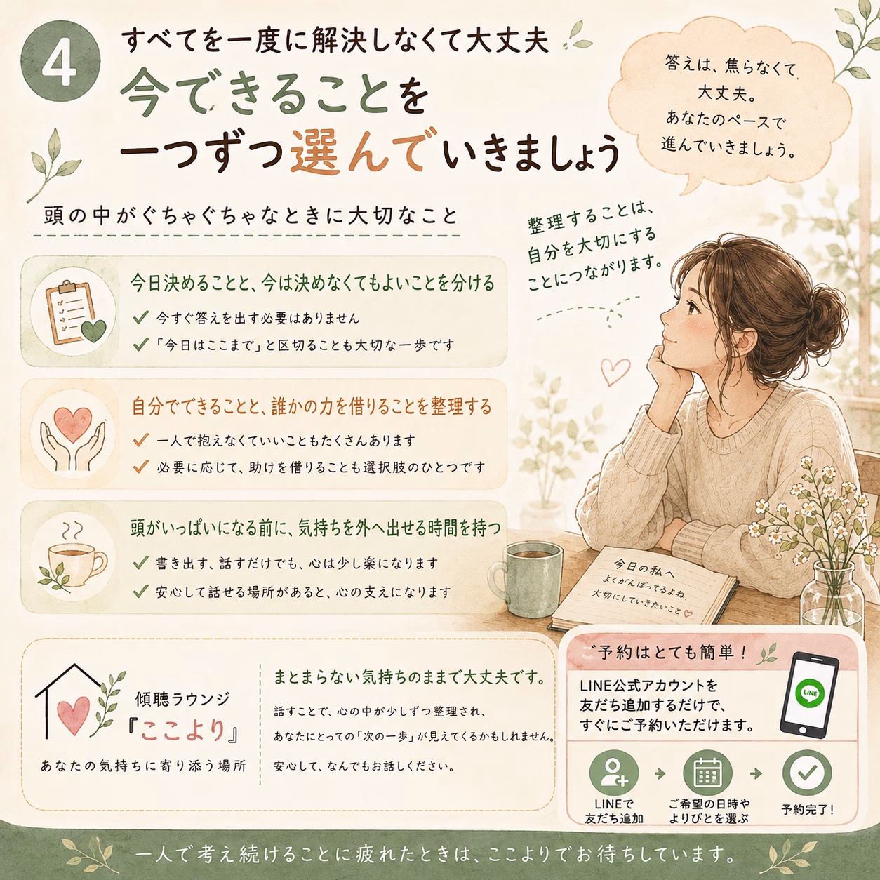 すべてを一度に解決せず、今できることを一つずつ選んでいきます
