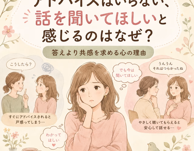 Pastel illustration of a thoughtful woman while friends chat; the headline asks why we want someone to listen, not give advice (Japanese text).
