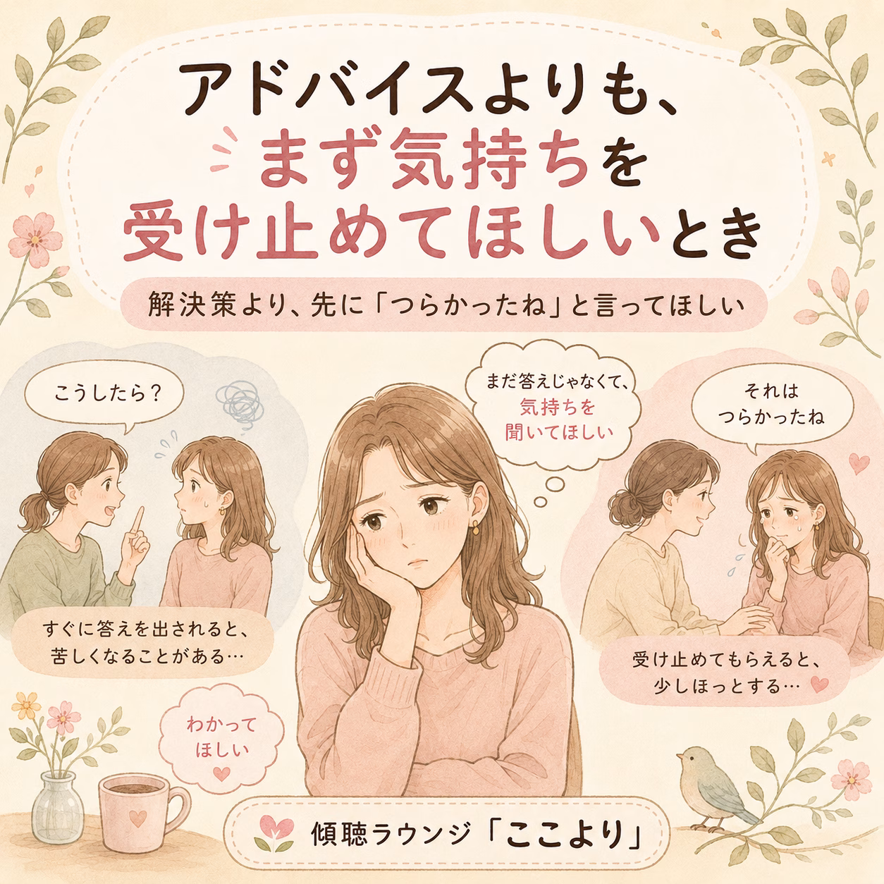 Pastel illustration of a sad woman in pink sweater, flanked by two friends who are talking and listening, with flowers and a bird in a soft decor; conveys asking others to listen first.
