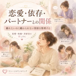 パステル調のイラストポスター。悩む女性を中心に、恋愛・依存・パートナー関係のテーマを伝えリハートカウンセリングを宣伝している広告。