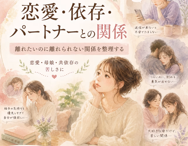 パステル調のイラストポスター。悩む女性を中心に、恋愛・依存・パートナー関係のテーマを伝えリハートカウンセリングを宣伝している広告。
