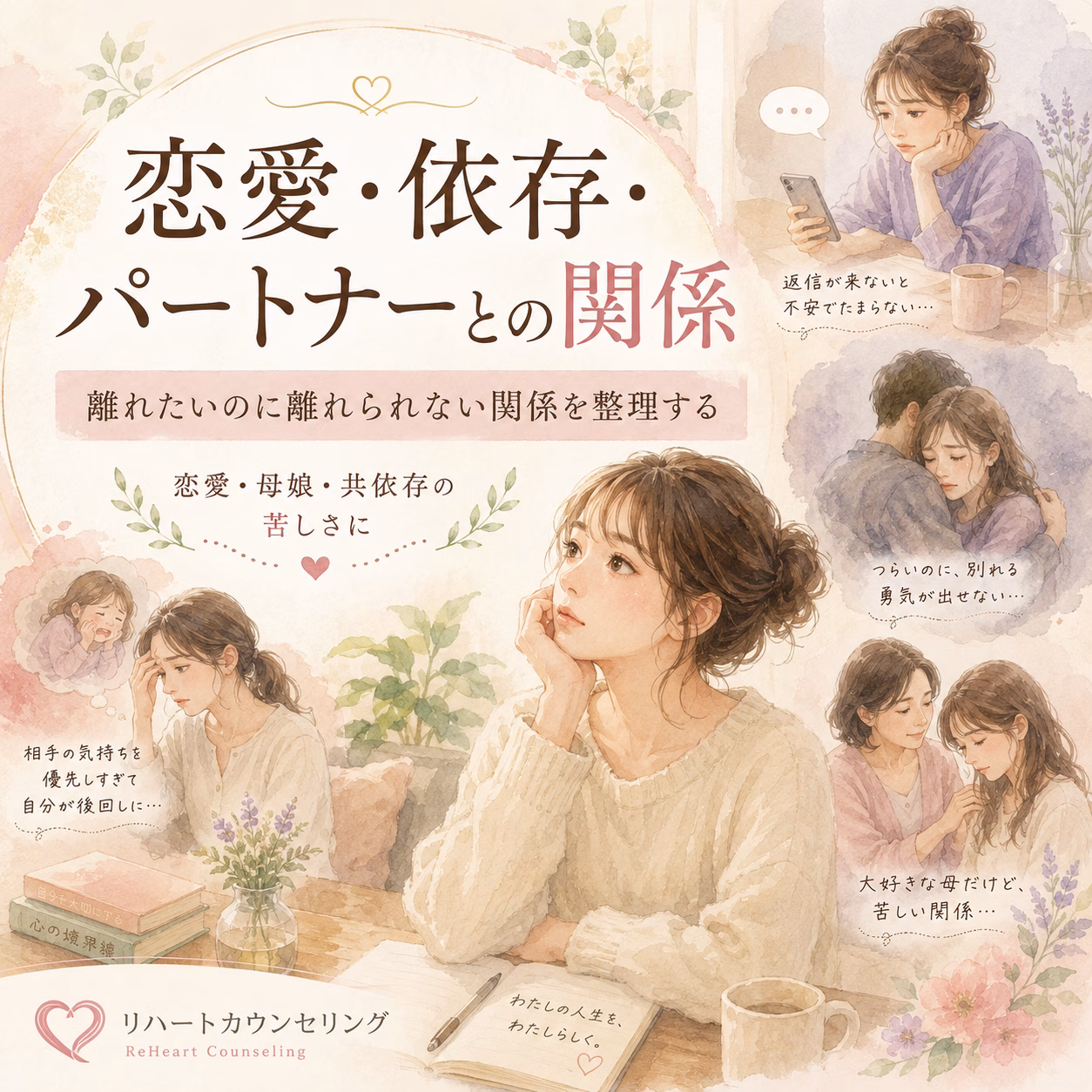 パステル調のイラストポスター。悩む女性を中心に、恋愛・依存・パートナー関係のテーマを伝えリハートカウンセリングを宣伝している広告。
