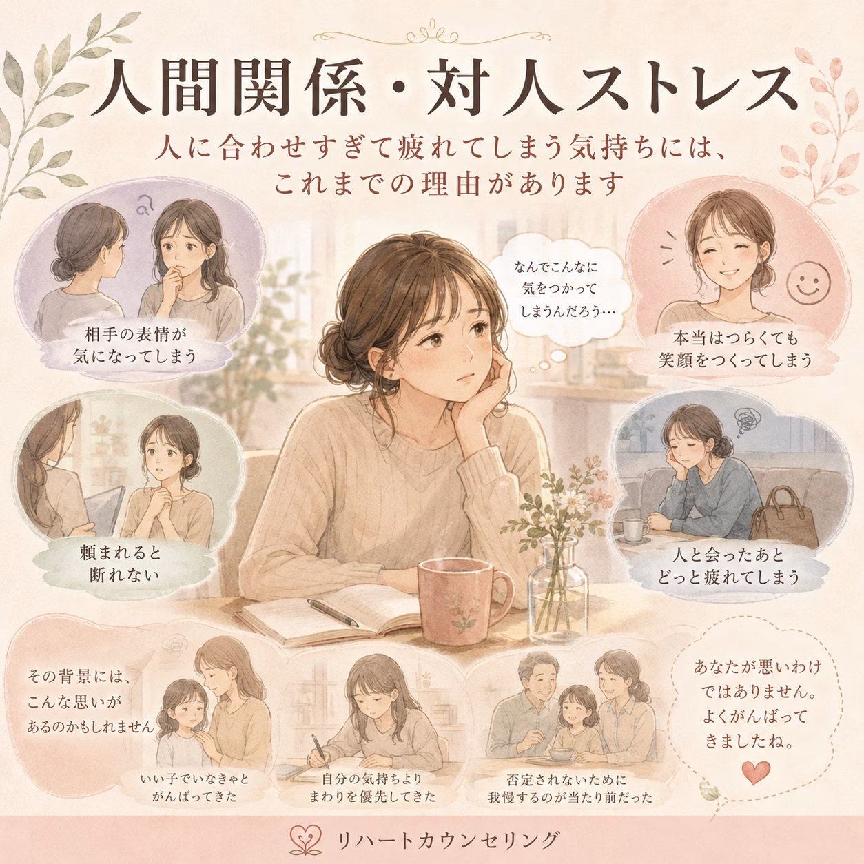 Center-focused illustration of a thoughtful woman at a café with a notebook, surrounded by pastel panels about relationship stress and counseling.