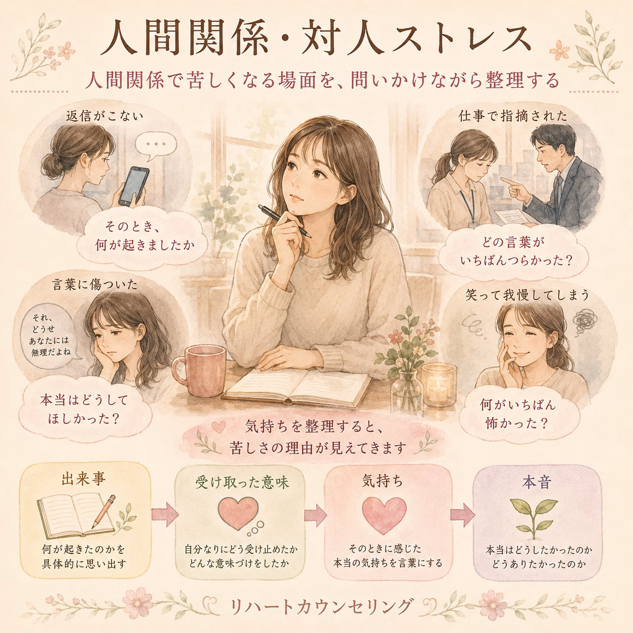 人間関係で苦しくなる場面を、問いかけながら整理する