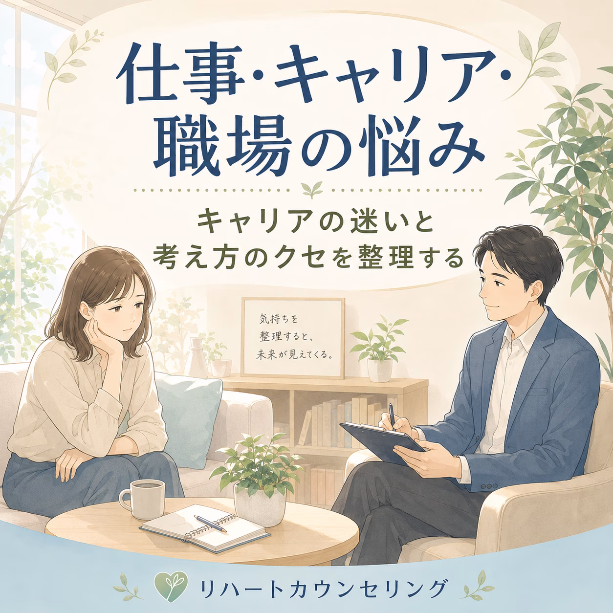 Illustration of a man counselor taking notes while talking with a woman client in a bright, plant-filled office about work and career worries.