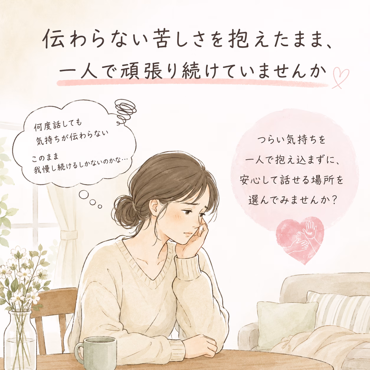 穏やかな部屋でテーブルに肘をつき悩む女性。吹き出しには思いを巡らせる文字、右にハートのモチーフ。