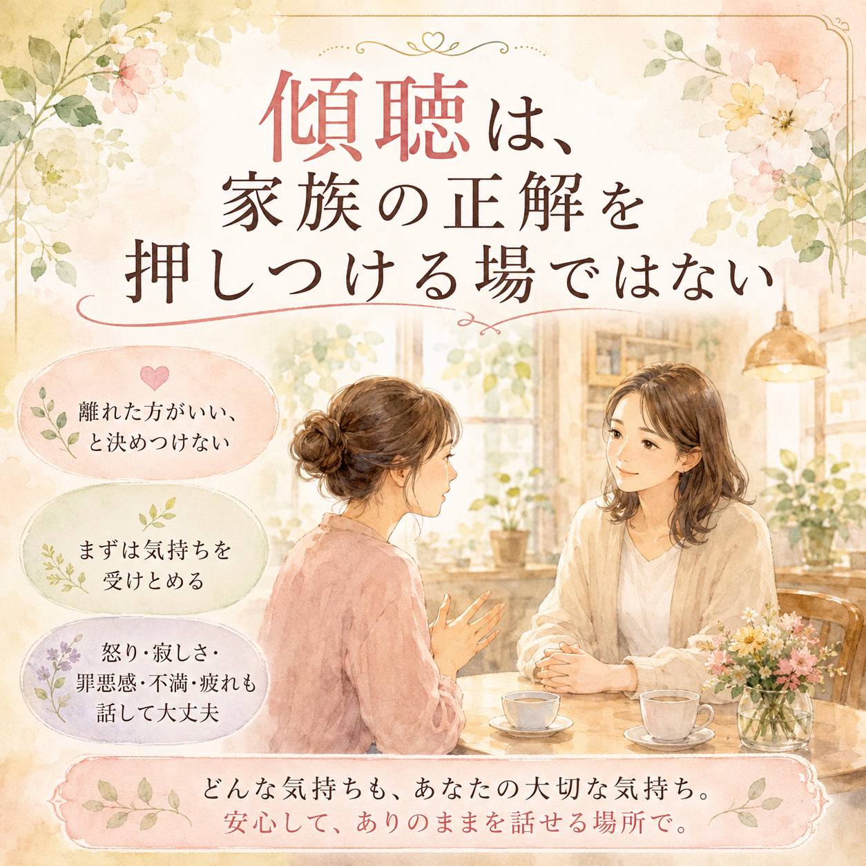 Two women in a pastel-colored cafe conversation, poster text about understanding family and staying calm and open to talk.