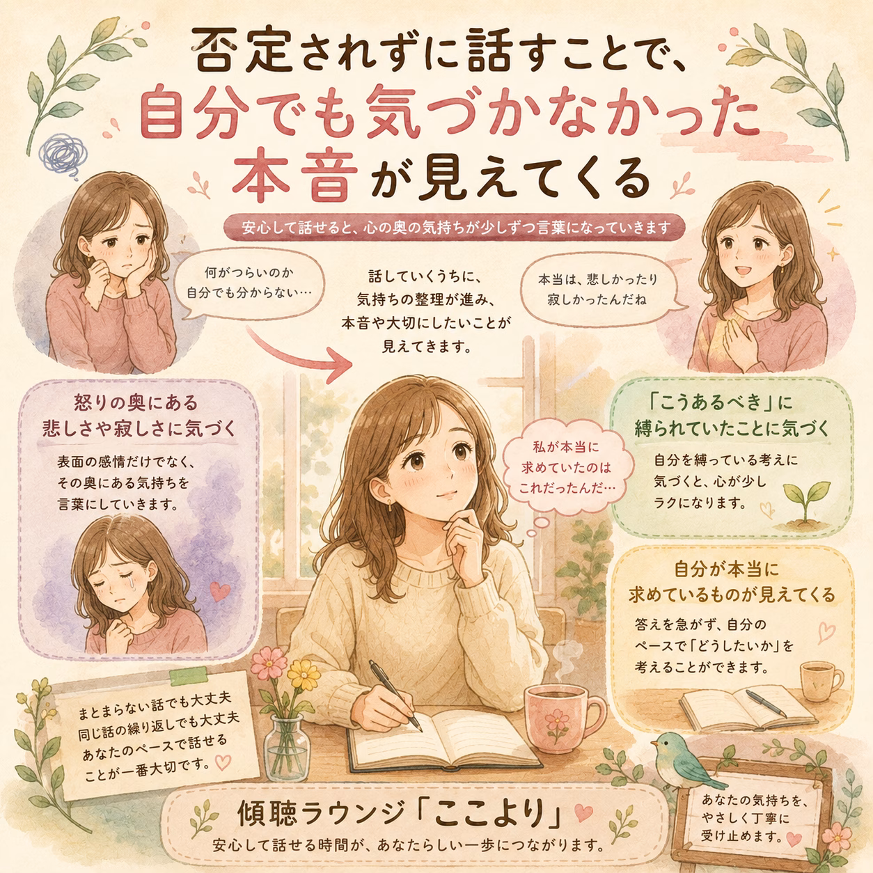 否定されずに話すことで、自分でも気づかなかった本音が見えてくる