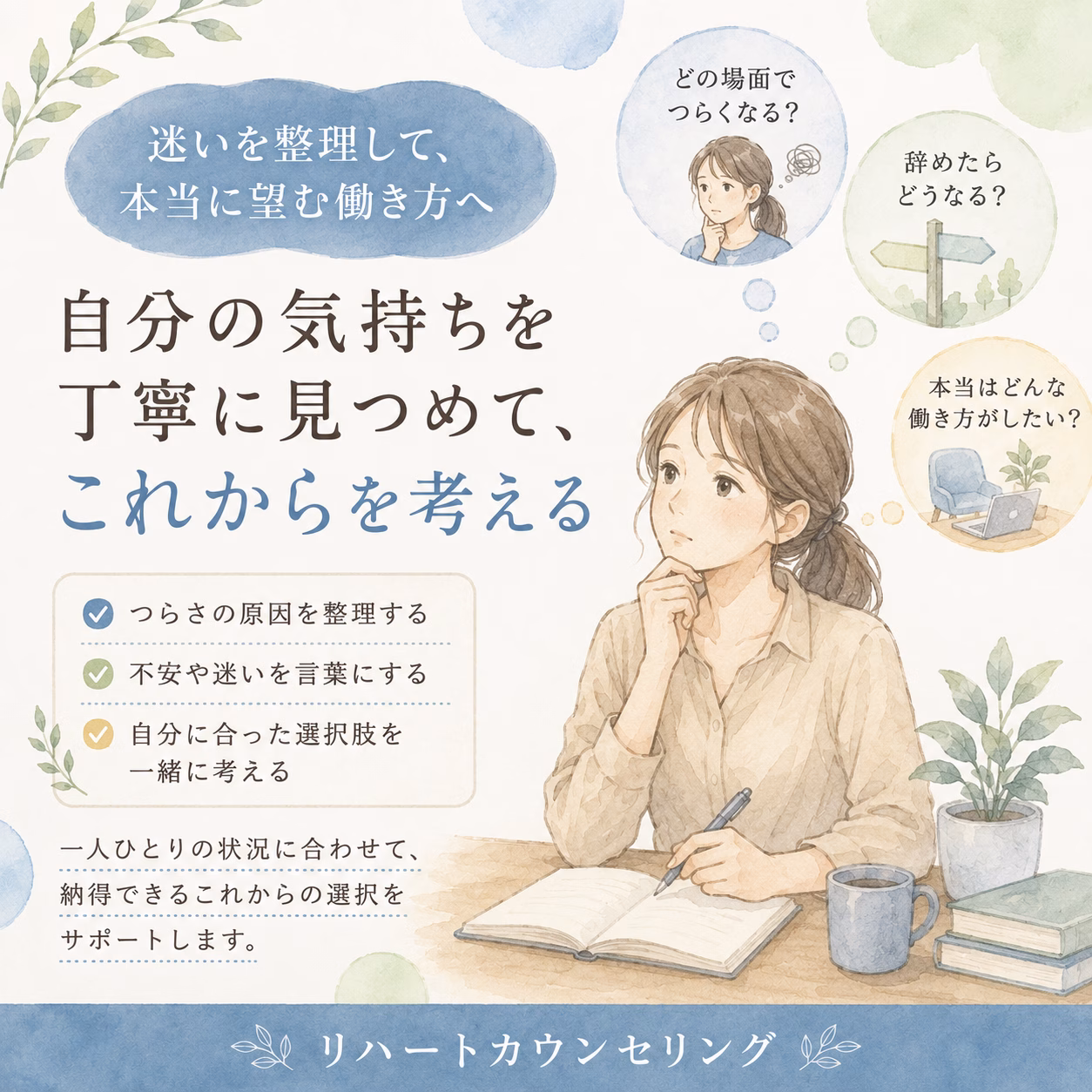 問いかけながら、仕事のつらさと本当に望んでいる働き方を整理する