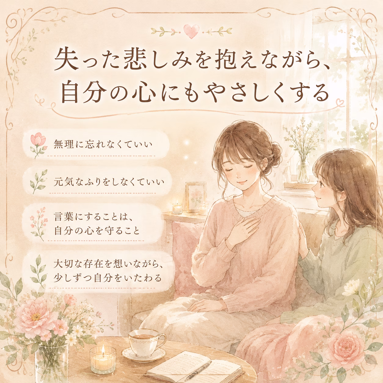 失われた悲しみを抱えつつ、自分の心にやさしくすることを伝える、花が添えられた穏やかな部屋で寄り添う二人のイラスト