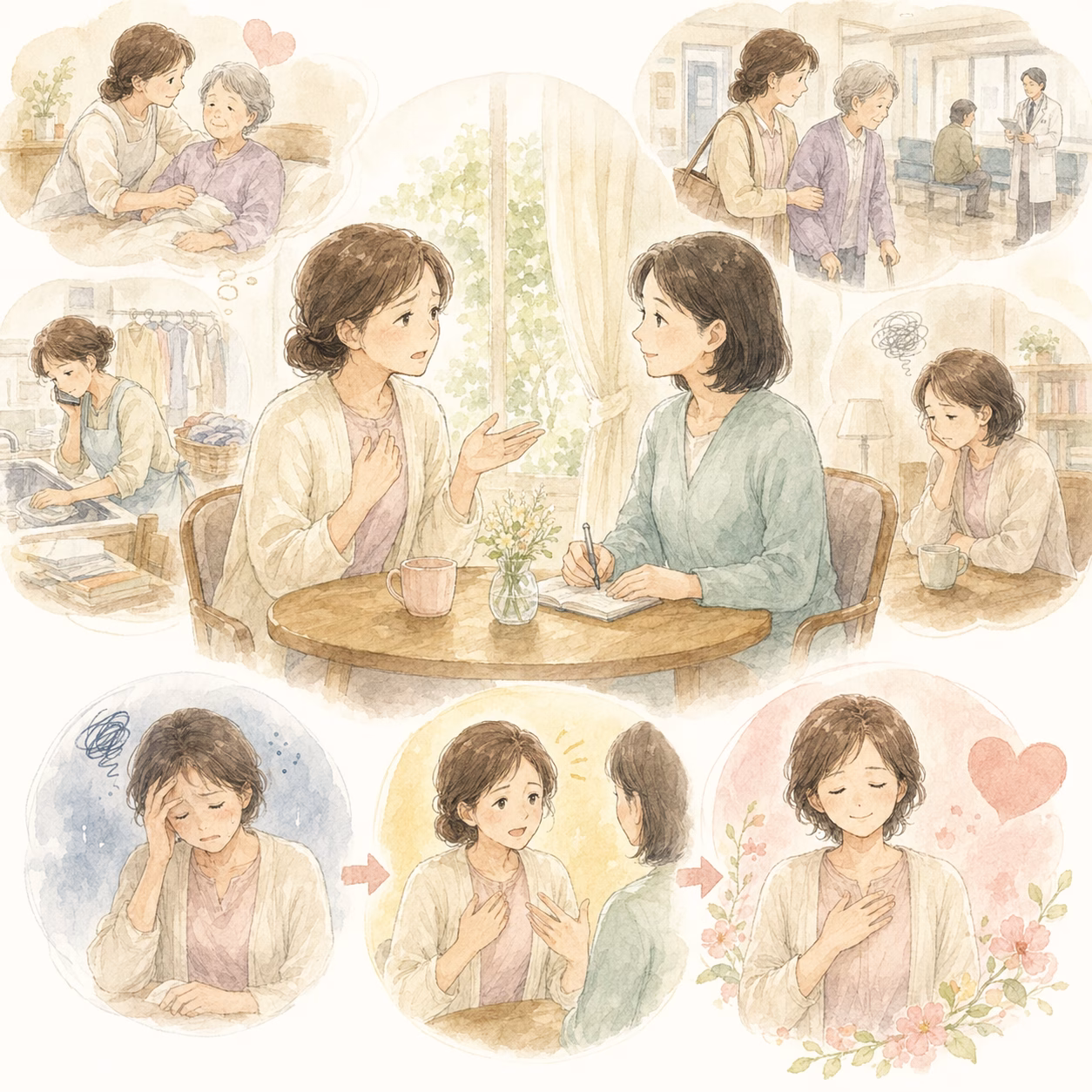 Collage illustrating caregiving: two women converse at a table as a sign of support, with surrounding scenes of care and recovery.
