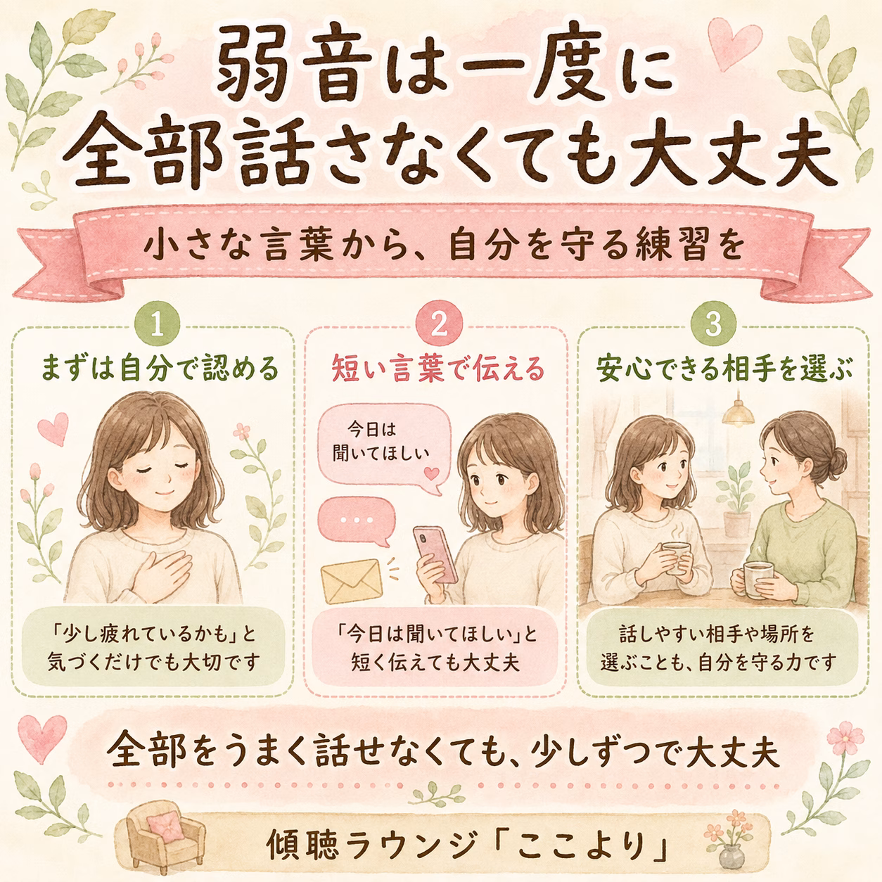 弱音は一度に全部話さなくても大丈夫です。小さな言葉から自分を守る習慣を始めましょう