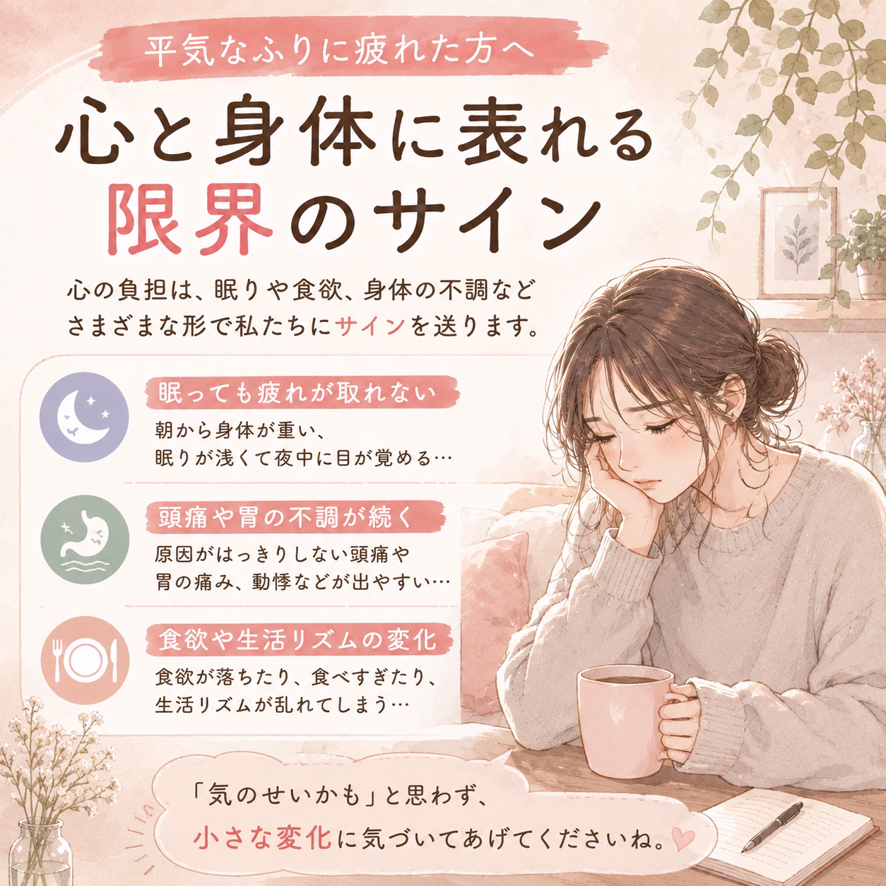 心の負担は、眠りや食欲、身体の違和感として表れることがあります