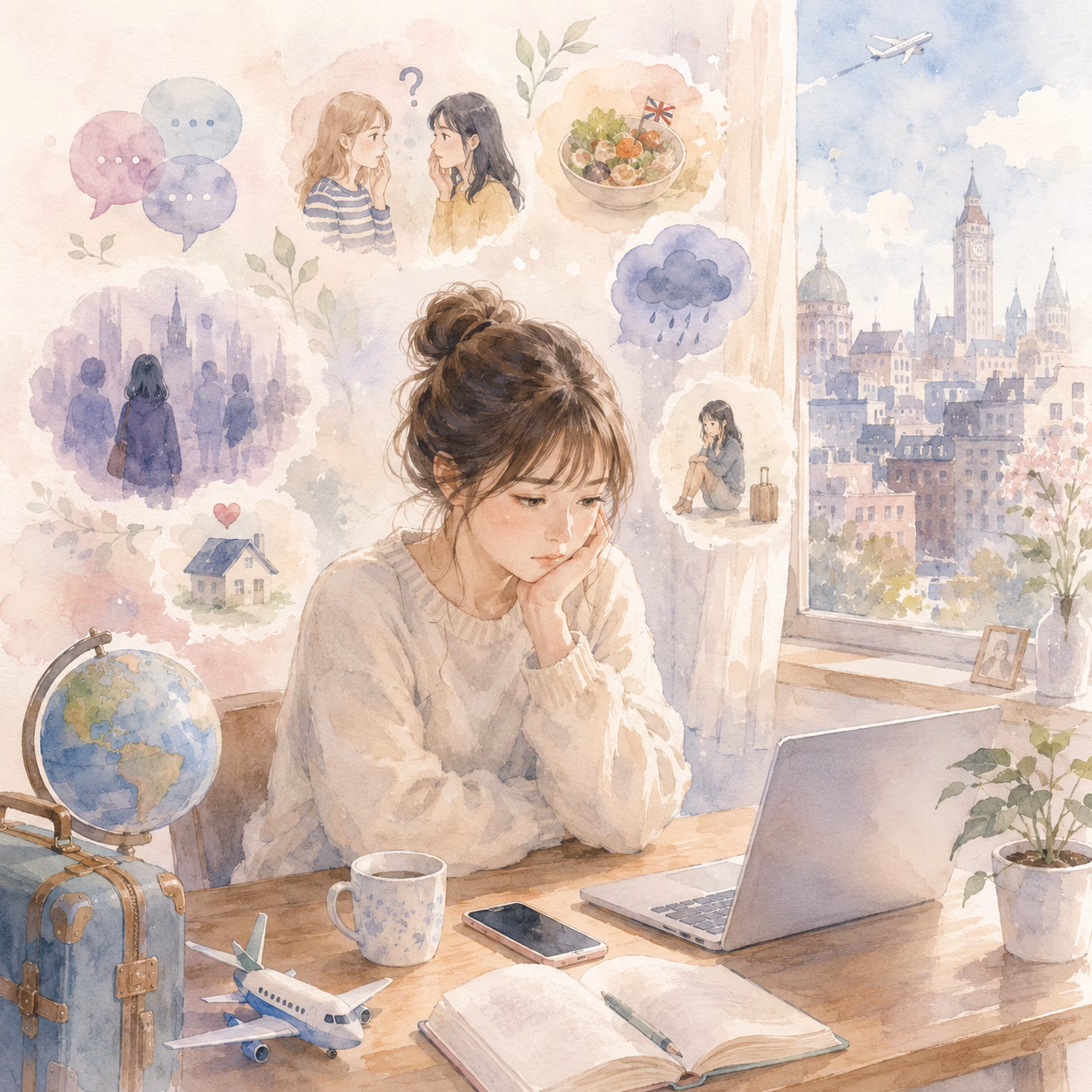 Young woman sits at a desk, resting her head on her hand, surrounded by travel-themed thought bubbles and a laptop open in front of her.