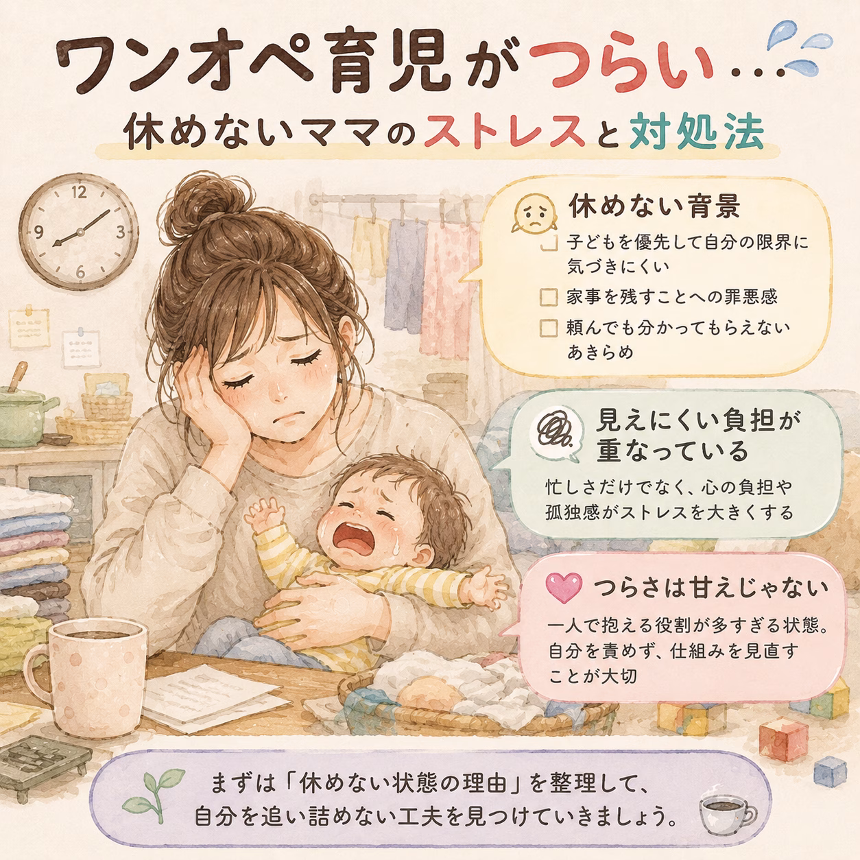 育児のストレスと対処法を解説する日本語のイラスト。疲れた母親が赤ん坊を抱き、右には3つの対処ポイントが吹き出しで示されている。