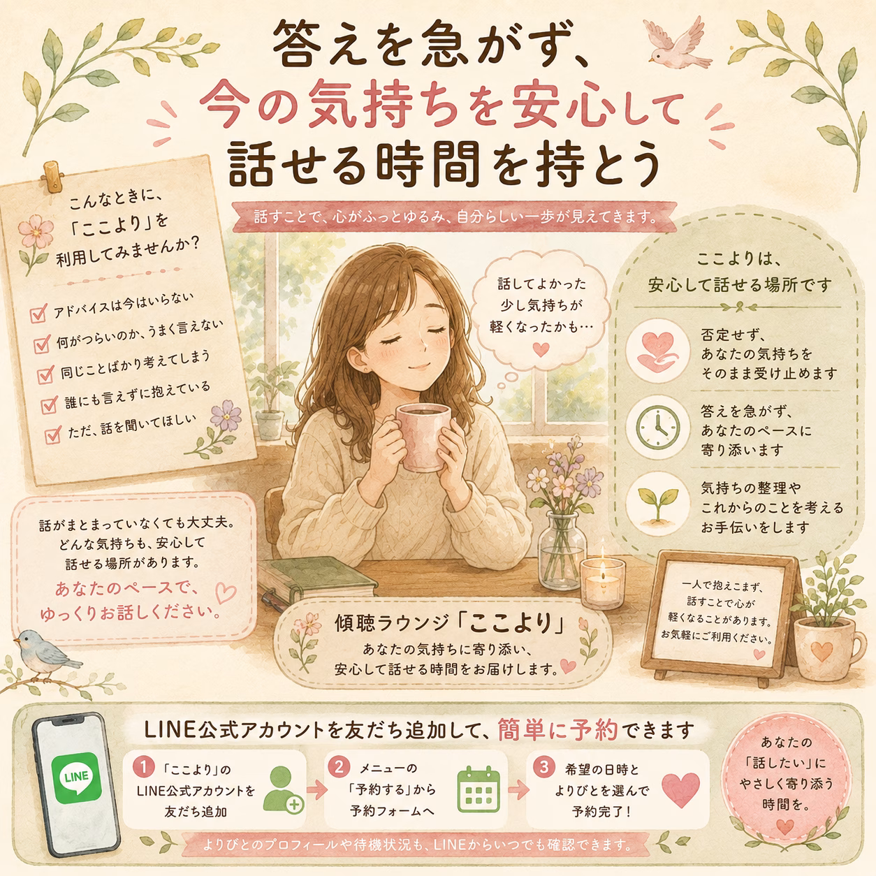 Pastel illustration of a woman sipping coffee at a cozy cafe, surrounded by plants, notes, and Japanese text about taking time to talk.