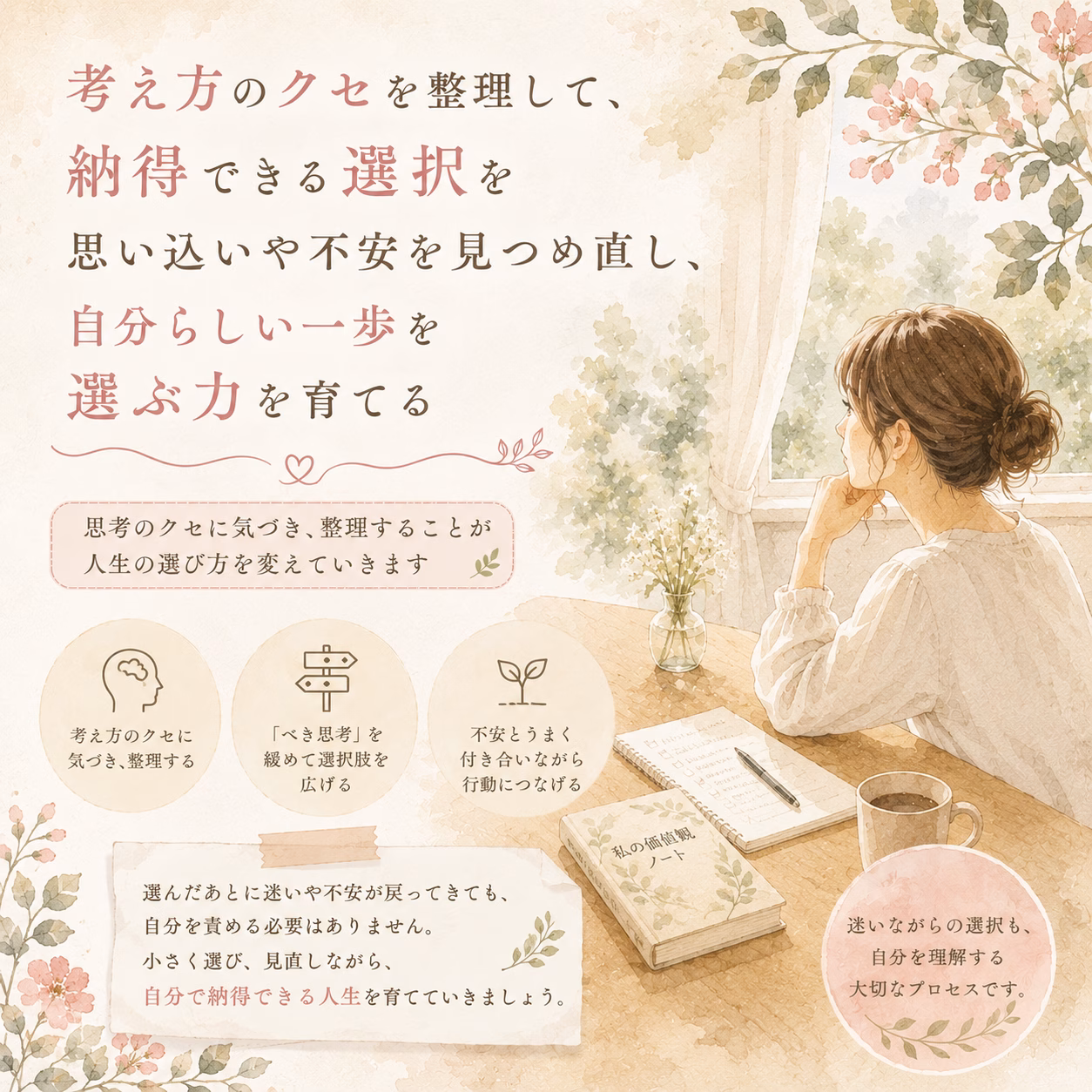 Soft pastel illustration of a woman at a desk by a window, with Japanese text about organizing thoughts and making choices.