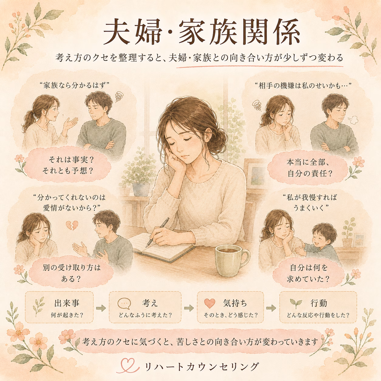 Pastel illustration about marriage and family relationships: a woman writes in a notebook while panels show arguing couples and questions about commitment.