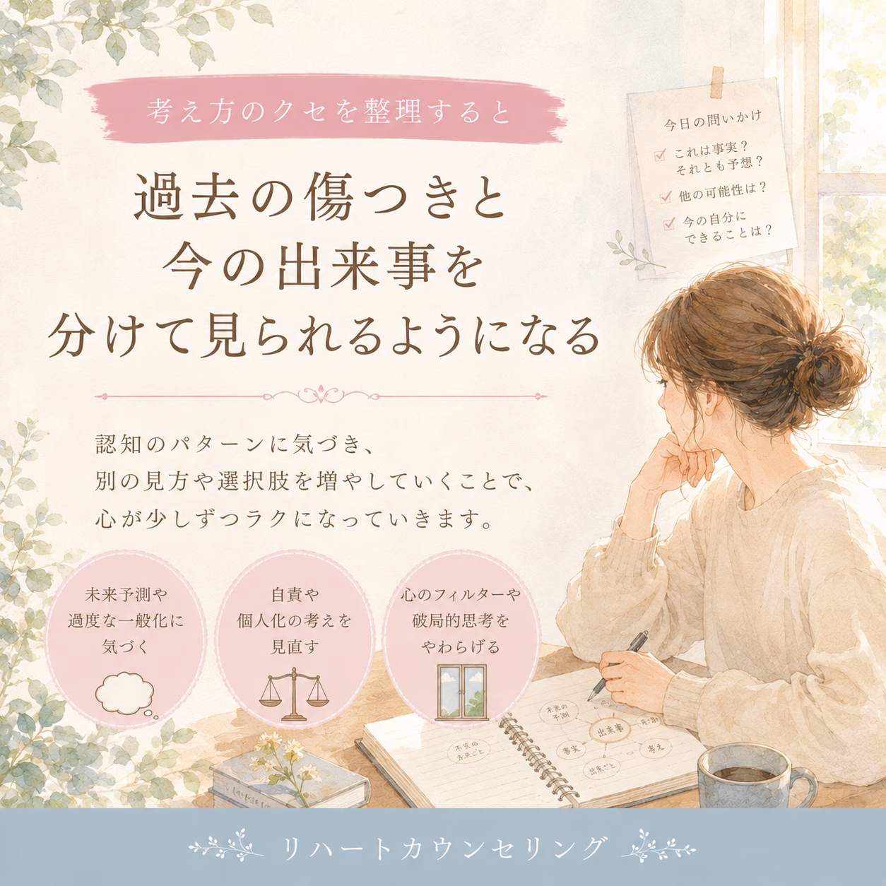 考え方のクセを整理すると、過去の傷つきと今の出来事を分けて見られるようになる