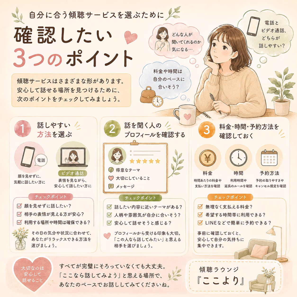 自分に合う傾聴サービスを選ぶために確認したいこと