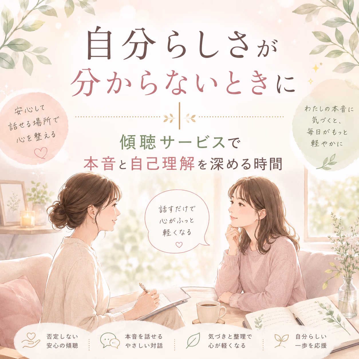 Two women seated at a cozy, sunlit table in soft pastel colors, talking and writing, with a Japanese banner about finding your true self nearby.