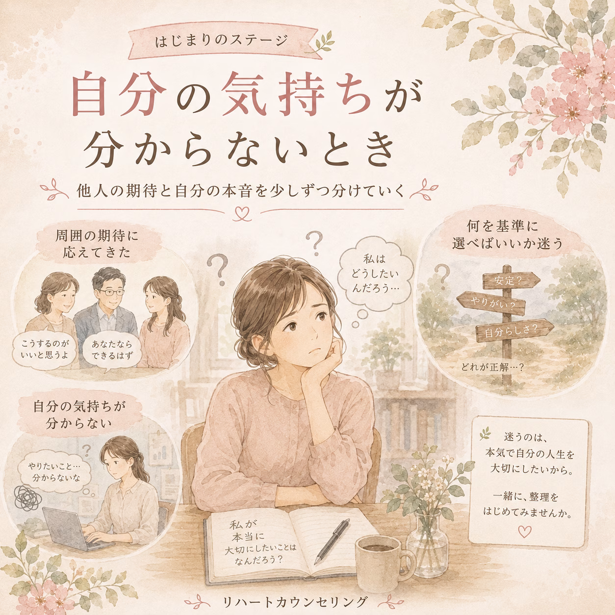 柔らかな花柄の背景に、机でノートを開き思案する女性を中心に描いた、自己理解を促すデザインのポスター。