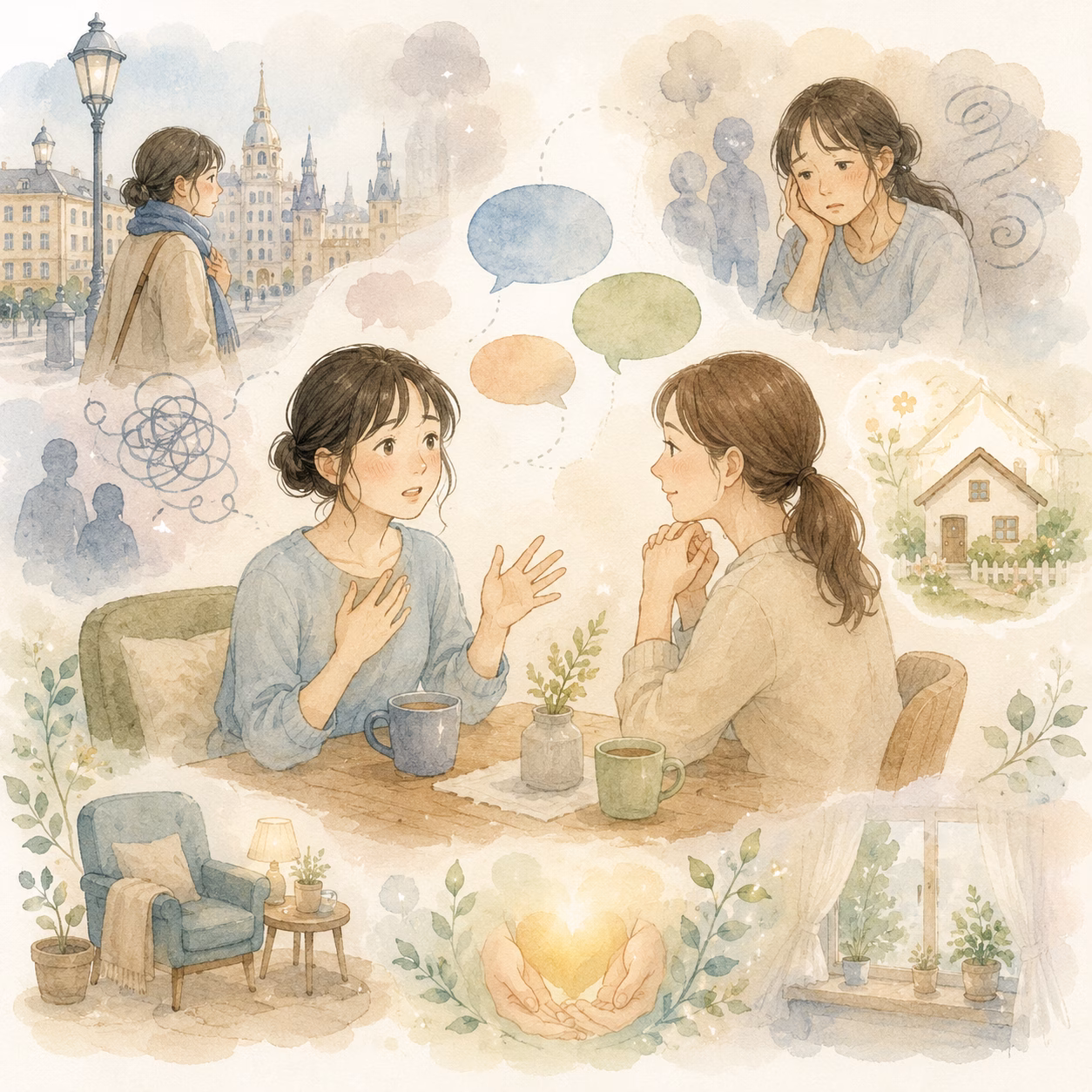 Two friends share a heartfelt conversation at a cozy table, with thought bubbles and a cityscape in soft watercolor tones around them.
