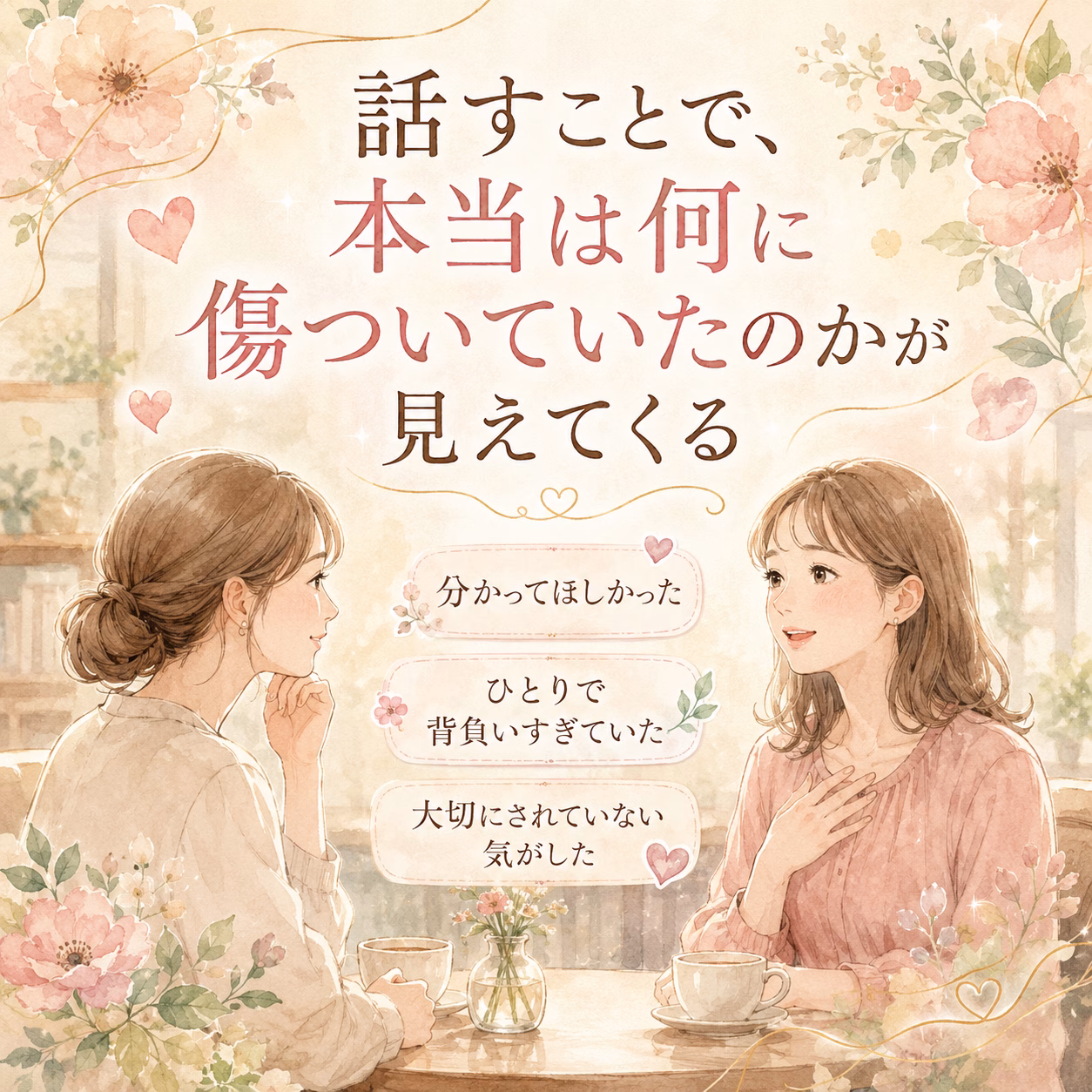 Pastel illustration of two women chatting at a cafe table, surrounded by pink flowers and soft decorative hearts; Japanese book cover style.