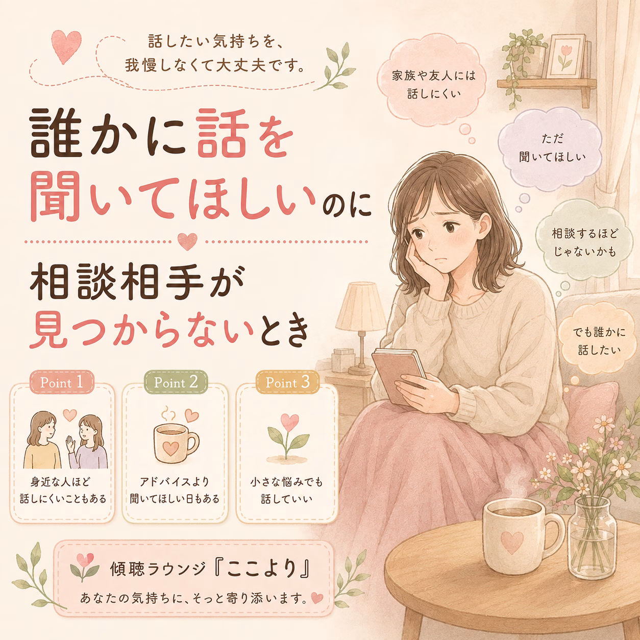 Pastel illustration of a woman sitting on a sofa with a phone, surrounded by thought bubbles about wanting to talk and seek advice; three 'Point' cards at the bottom.