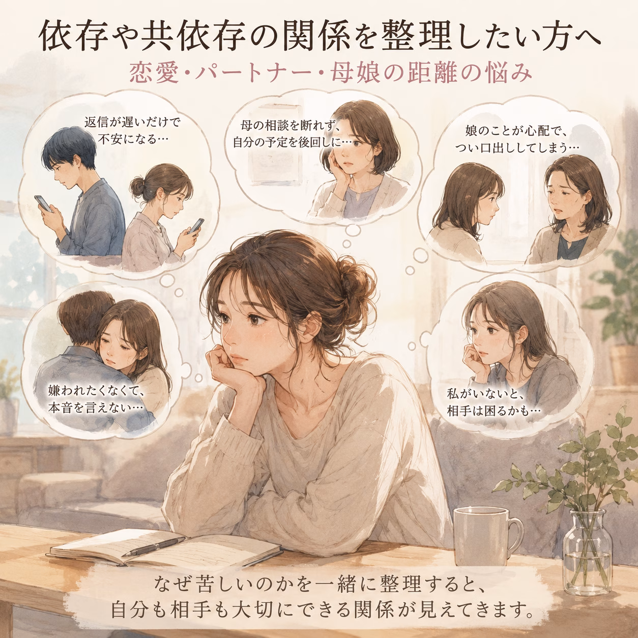女性が机に向かい、頭の中に恋人や家族との関係の悩みが浮かぶ描写のイラスト。思いを巡らせる自分と不安を示す吹き出しが並ぶ。