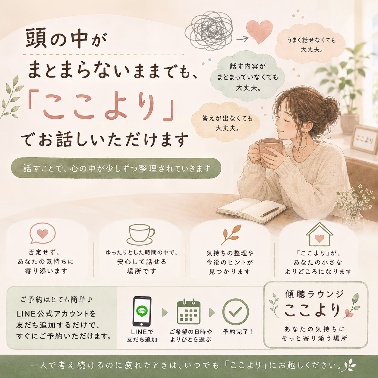 Pastel illustration of a woman at a cafe, sipping coffee with a notebook, promoting talking and listening support titled ここより (Koko yori).