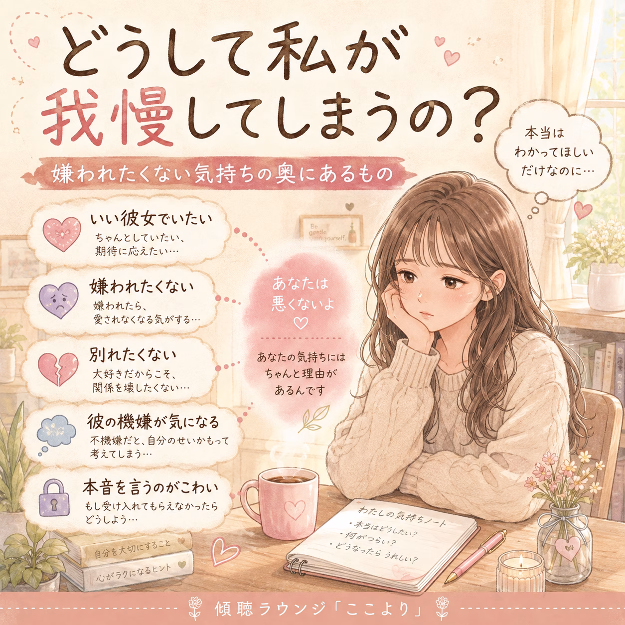 柔らかなパステル調の illustration。悩む女性がテーブルでノートを開く姿と、恋愛で我慢しがちな理由を伝える情報ポスター。