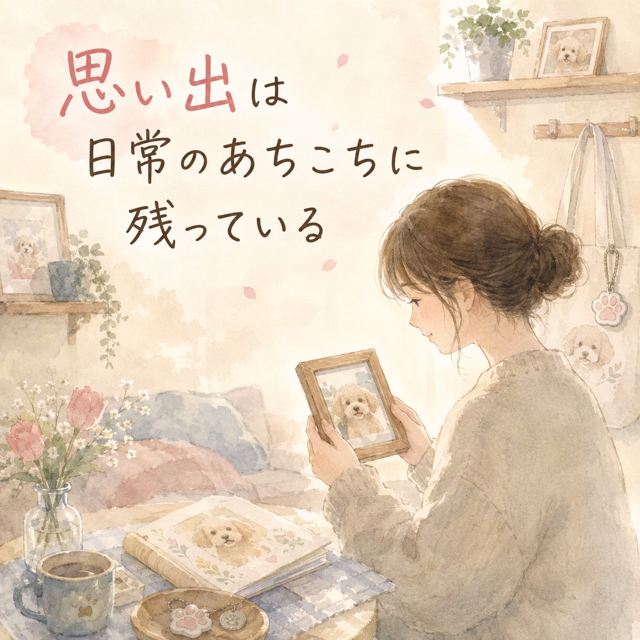 Soft illustration of a woman in a cozy room, holding a framed dog photo; wall text reads '思い出は日常のあちこちに残っている'.