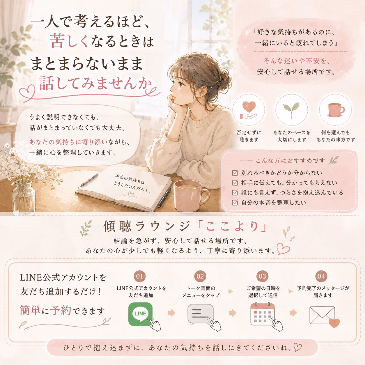 温かな色調のイラストで、机の上にノートとコーヒーを置き、一人の女性が考え込んでいる様子。