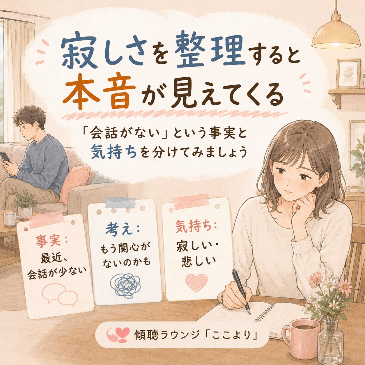 Cozy illustration of a woman writing at a desk with cards about facts, thoughts, and feelings on loneliness; a man sits on a sofa using his phone in the background; warm setting.