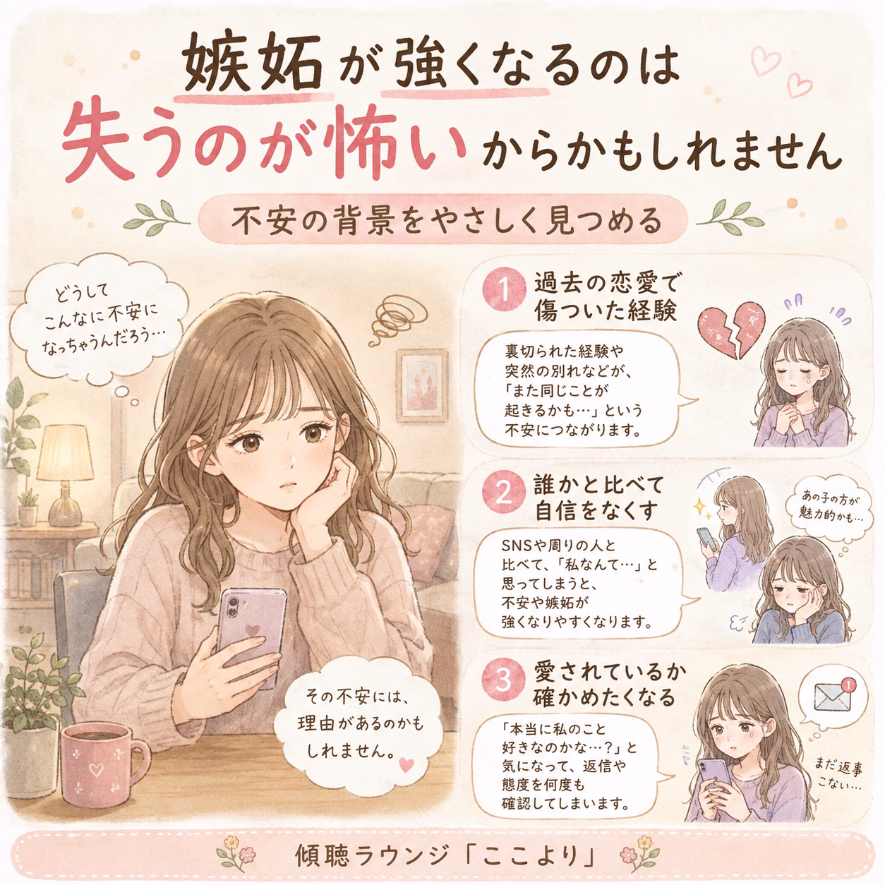 嫉妬が強くなる背景には、「大切な人を失う怖さ」が隠れていることがあります