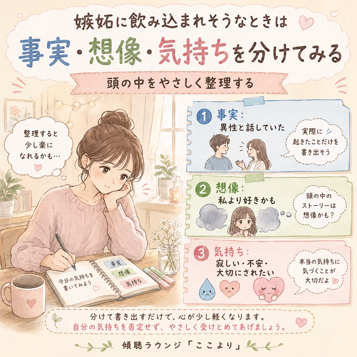 Pastel illustration of a girl at a desk writing in a notebook, with a three-panel guide about separating facts, imagination, and feelings.