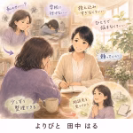 A warm, pastel illustration of a woman in a light cardigan writing in a notebook at a desk, while another woman in purple listens; a plant-filled room suggests guidance.