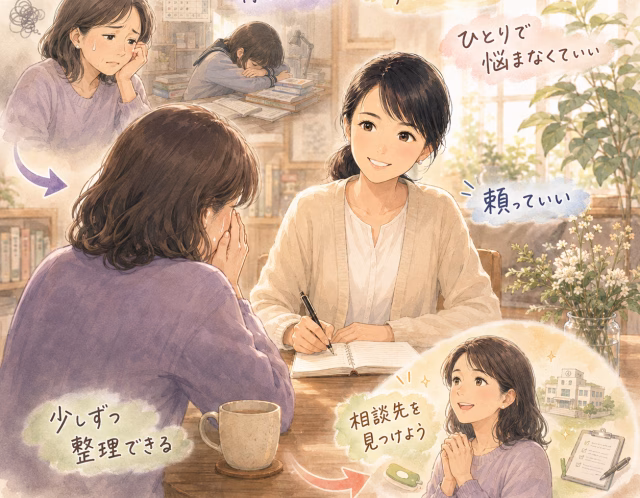A warm, pastel illustration of a woman in a light cardigan writing in a notebook at a desk, while another woman in purple listens; a plant-filled room suggests guidance.