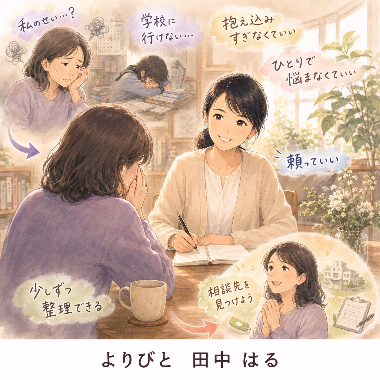 A warm, pastel illustration of a woman in a light cardigan writing in a notebook at a desk, while another woman in purple listens; a plant-filled room suggests guidance.
