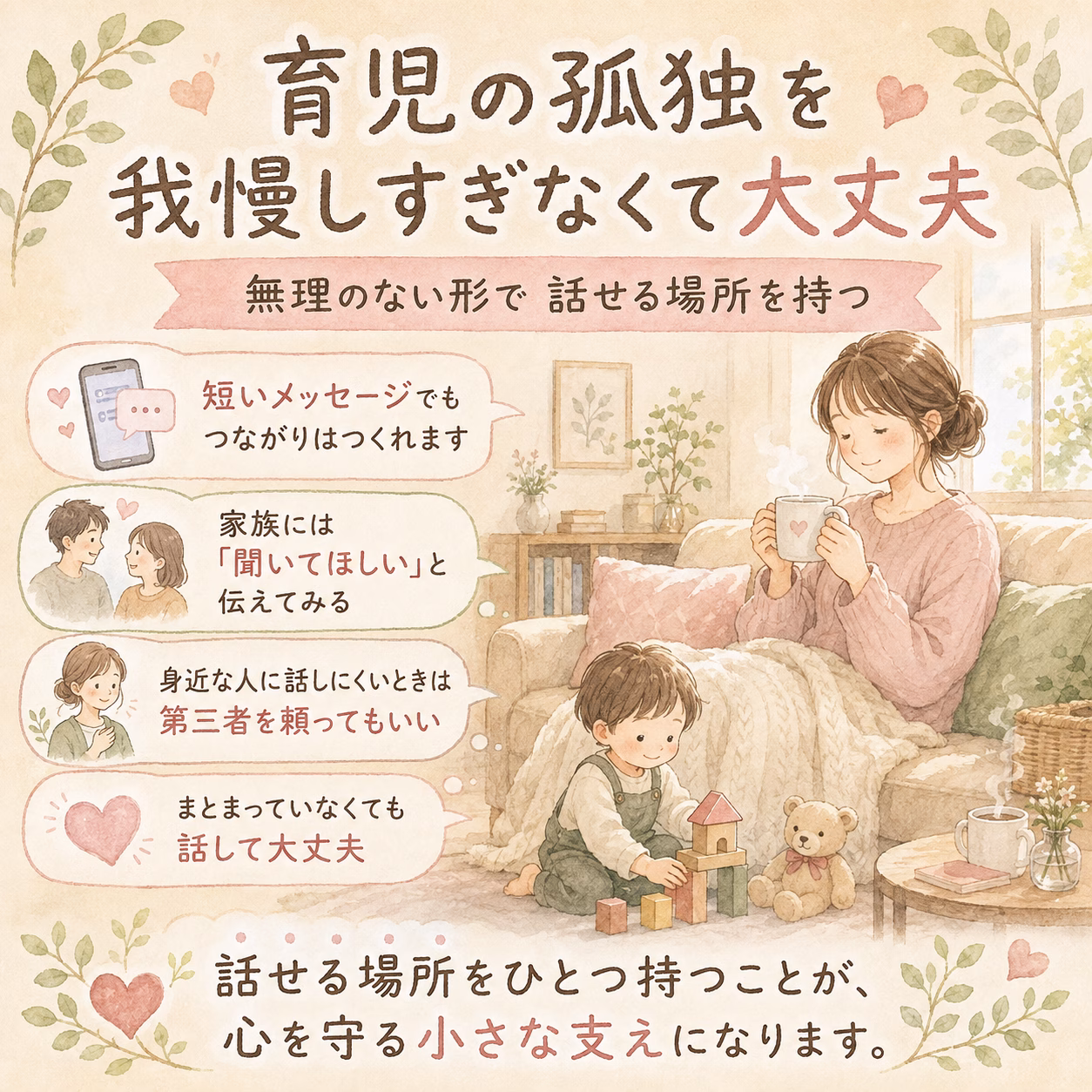 Pastel illustration promoting talking openly about parenting loneliness: a mother on a sofa with a steaming mug while a toddler plays with blocks; speech bubbles give tips about communicating with family and seeking support.