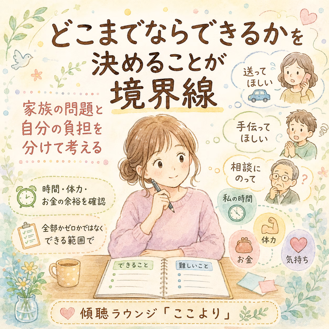 A woman sits at a desk writing in a notebook, planning boundaries about family issues, surrounded by icons for time, energy, money, and feelings with people asking for help or support in thought bubbles?