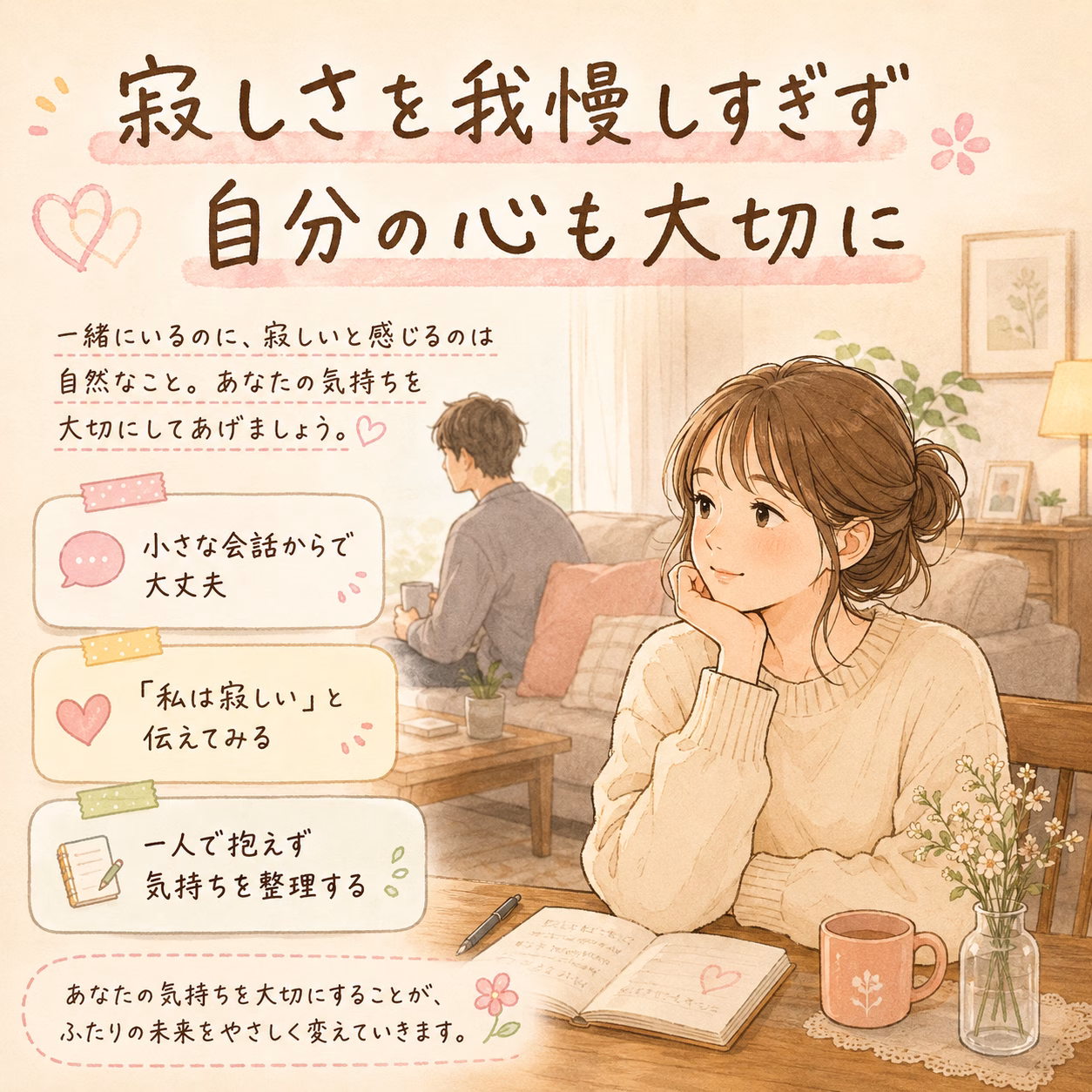 寂しさを我慢し続けず、自分の心を大切にしながら夫婦の関係を考える
