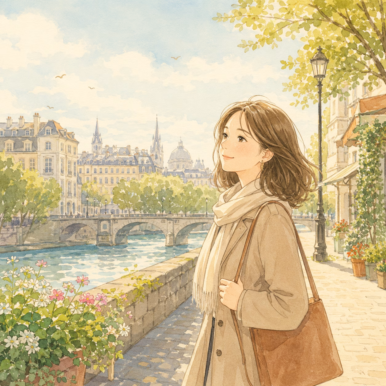 A woman in a beige coat and scarf walking along a sunny riverfront with historic buildings in the background and flowers in the foreground.