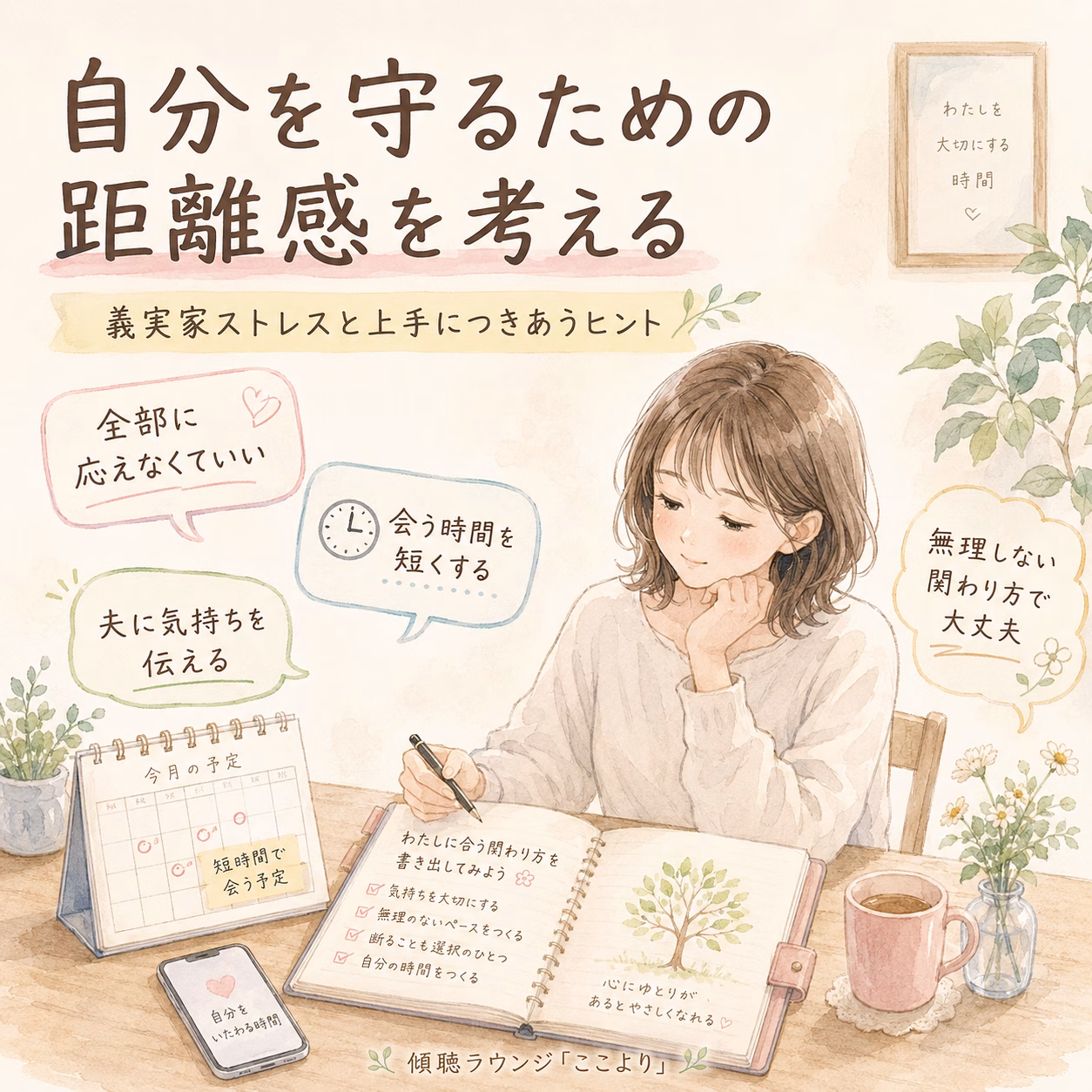 Pastel illustration of a woman writing at a desk, surrounded by plants, with tips for managing stress and boundaries with in-laws on the page.0