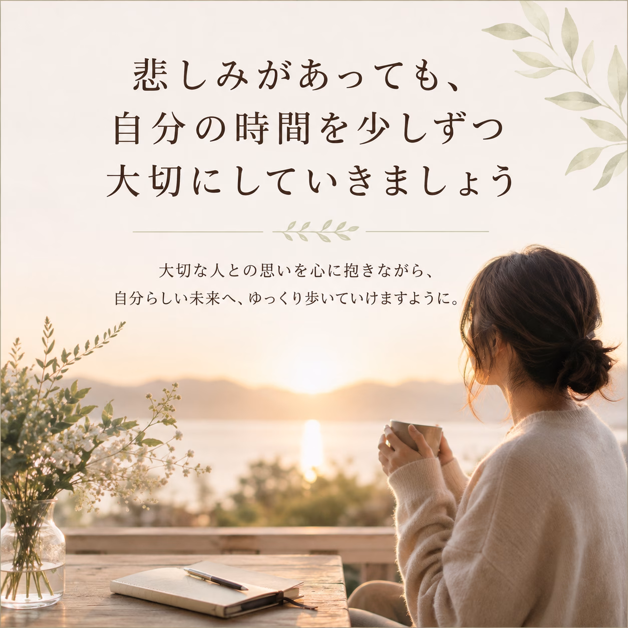 Woman sitting at a wooden table by sunset, holding a mug, with a notebook and flowers, and Japanese text about cherishing time.