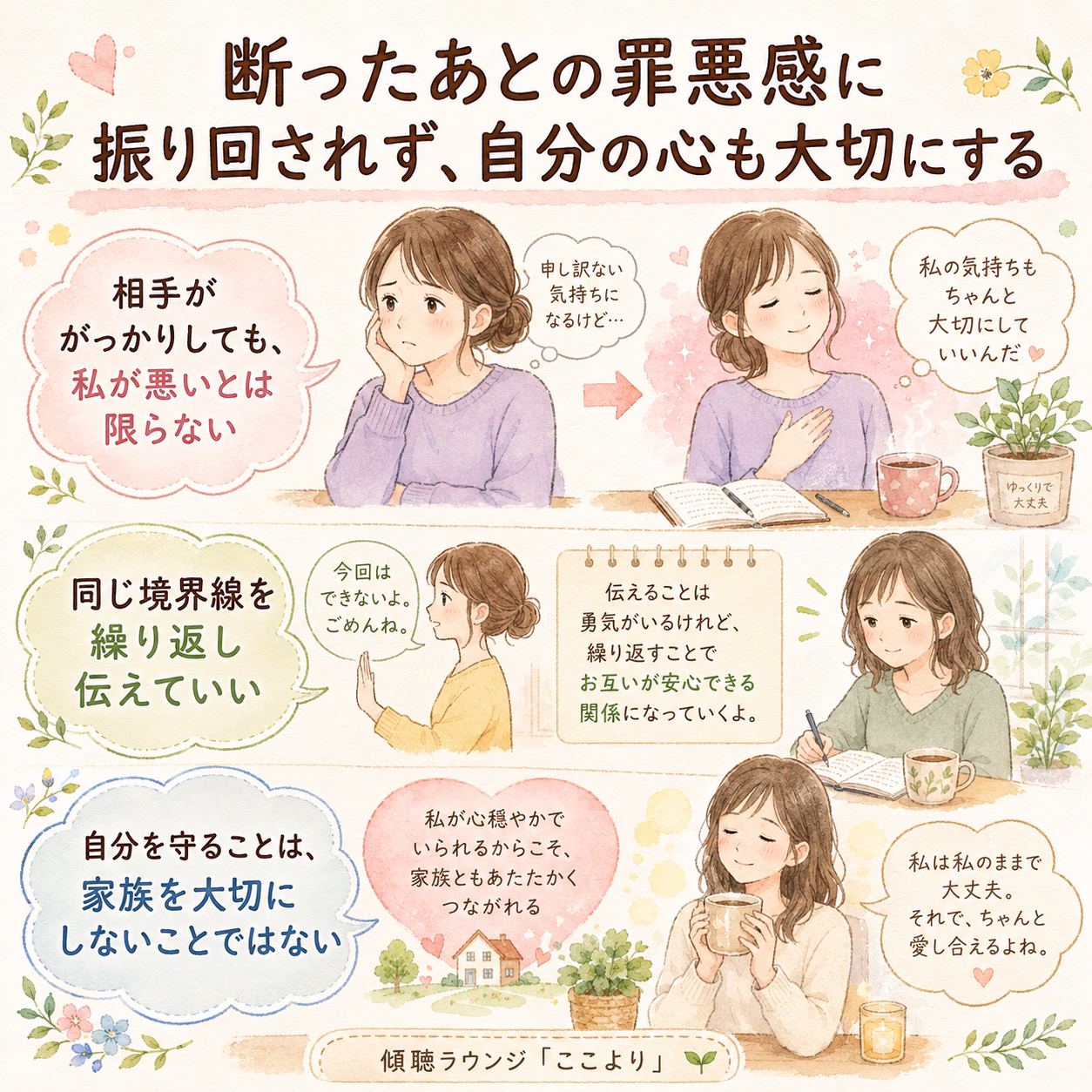Pastel infographic about self-care with several women and speech bubbles sharing compassionate messages about self-kindness and boundaries.