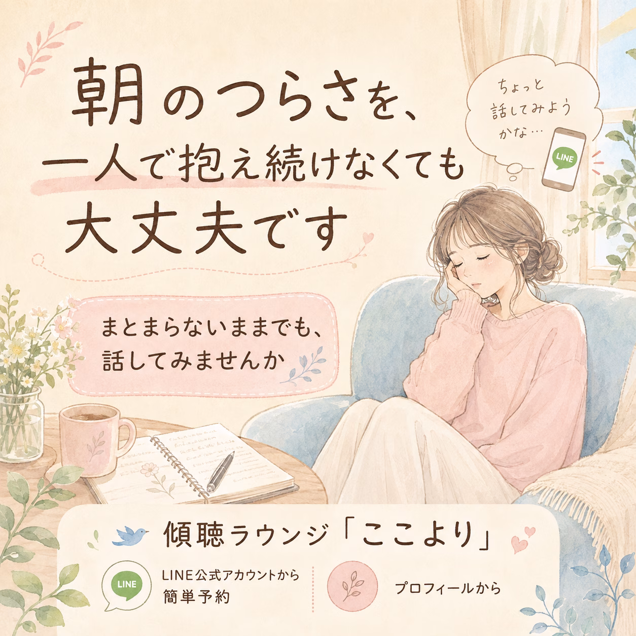 Illustration of a woman resting on a sofa with a soft pink banner of Japanese text about seeking support, and a LINE chat bubble in the corner.
