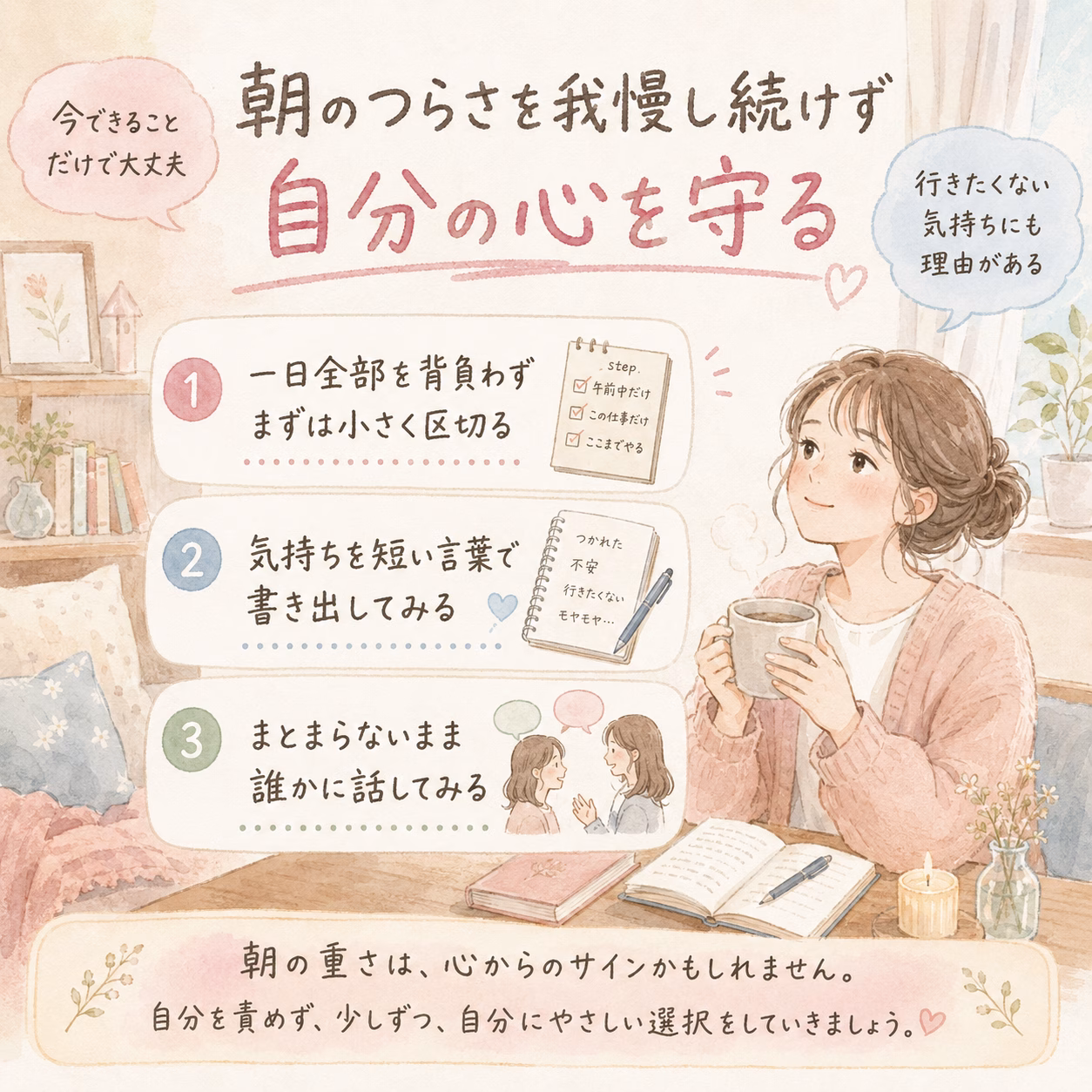 朝のつらさを我慢し続けず、自分の心を守る方法を考えてみる