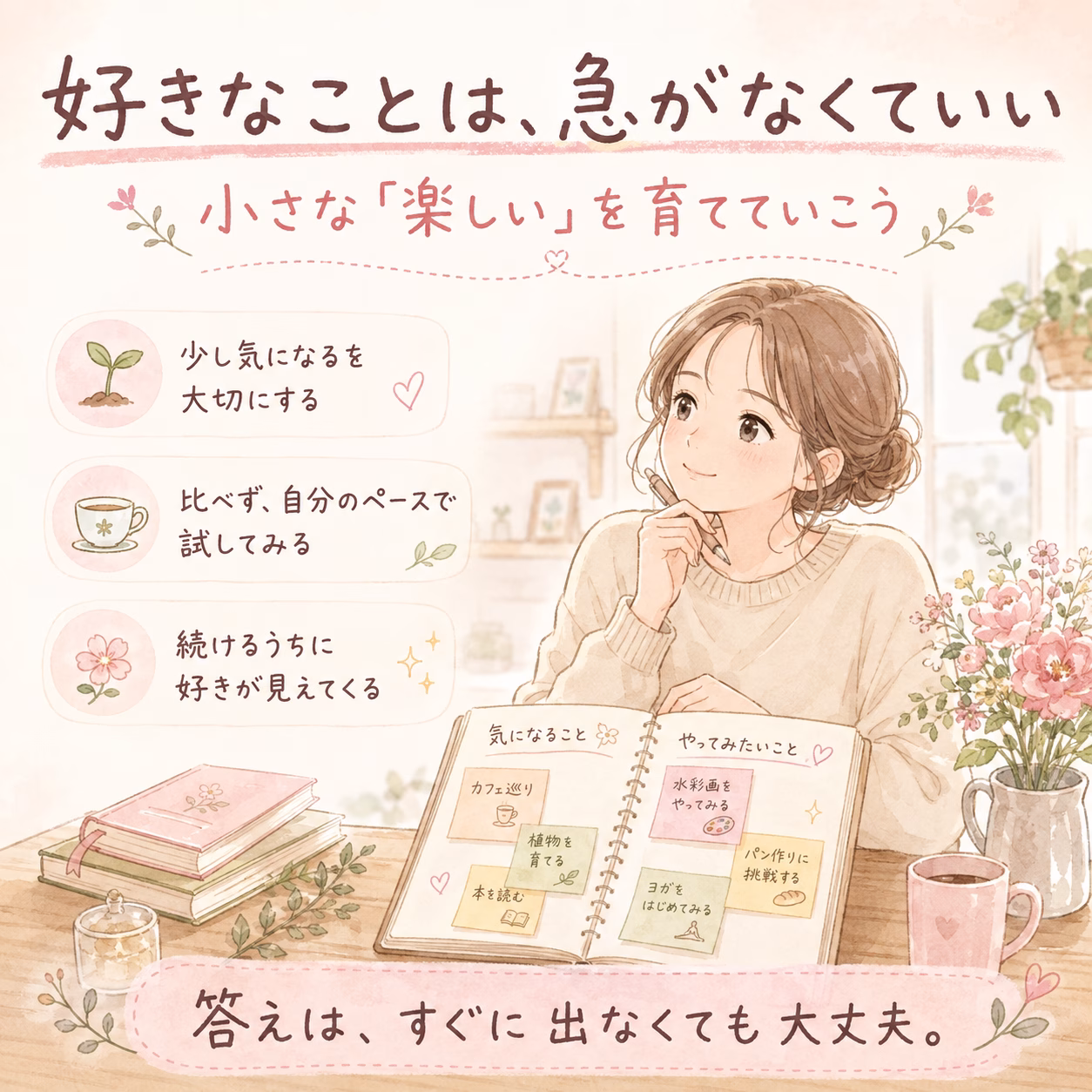 Pastel illustration of a woman at a desk, thinking with a pen, surrounded by plants and a notebook with sticky notes; Japanese message about not rushing and nurturing small joys.